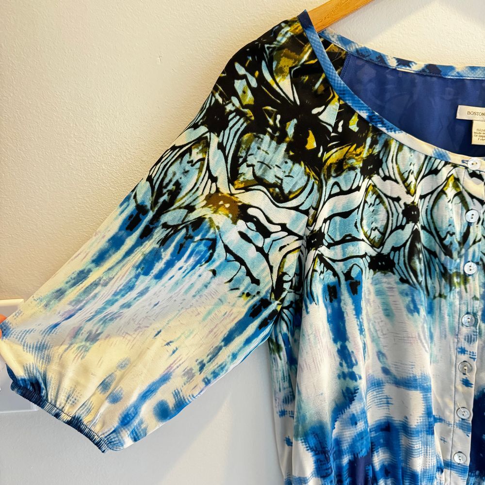 Boston Proper Size 6 Blue White Tie Dye Boho Dress Cinched Waist Tropical Resort - Picture 4 of 9